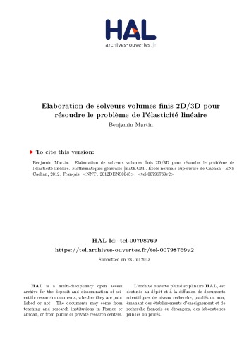 Elaboration de solveurs volumes finis 2D/3D pour résoudre le problème de l’élasticité linéaire