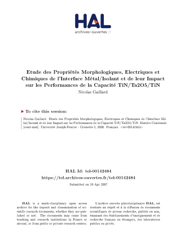 Etude des Propriétés Morphologiques, Electriques et Chimiques de l’Interface Métal/Isolant et de leur Impact sur les Performances de la Capacité TiN/Ta2O5/TiN