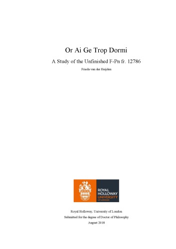 Or Ai Ge Trop Dormi: A Study of the Unfinished F-Pn fr. 12786