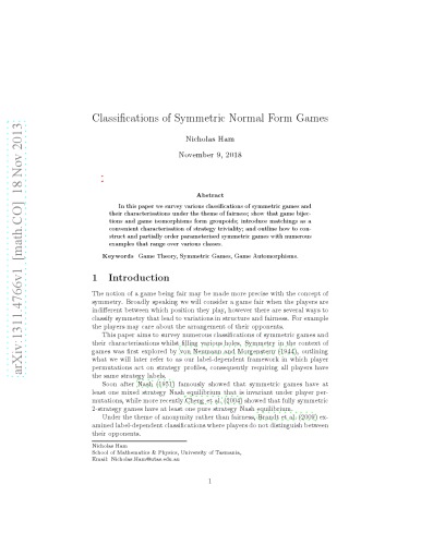 Classifications of Symmetric Normal Form Games V1