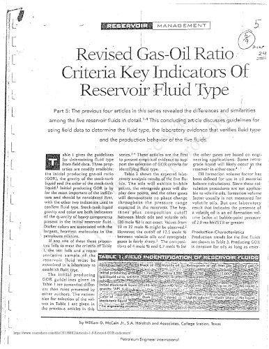 Revised Gas-Oil Ratio Criteria-Key Indicator of Reservoir Fluid Type