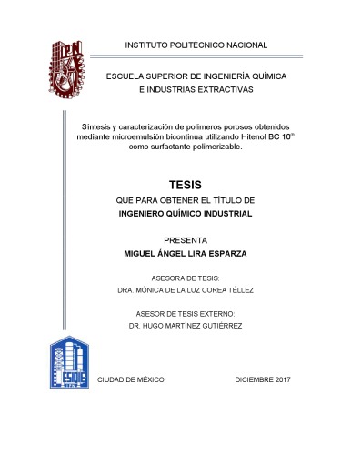 Tesis Síntesis y caracterización de polímeros porosos obtenidos mediante microemulsión bicontinua utilizando Hitenol BC 10 como surfactante polimerizable.