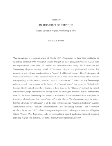 In the Spirit of Critique: Critical Theory in Hegel’s Phenomenology of Spirit