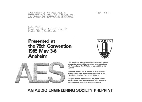 Application Of The Fast Fourier Transform To Digital Audio Electrical And Acoustical Measurement Techniques