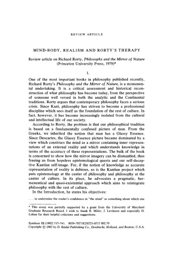 Mind-body, realism and Rorty's therapy. Review article on richard rorty, Philosophy and the Mirror of Nature