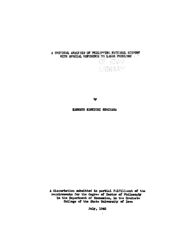 A Critical Analysis of Philippine National Economy with Special Reference to Labor Problems