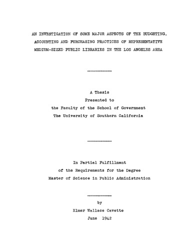 An investigation of some major aspects of the budgeting, accounting and purchasing practices of representative medium-sized public libraries in the Los Angeles area