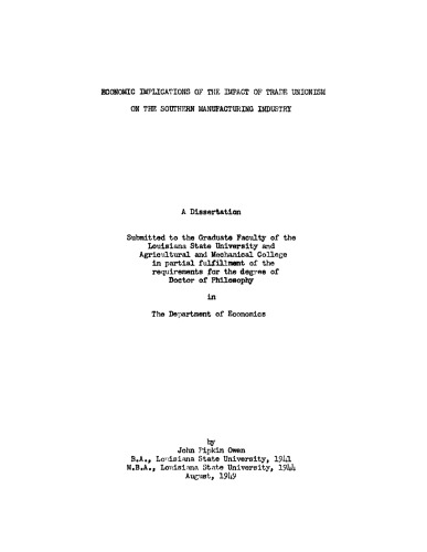 Economic implications of the impact of trade unionism on the southern manufacturing industry