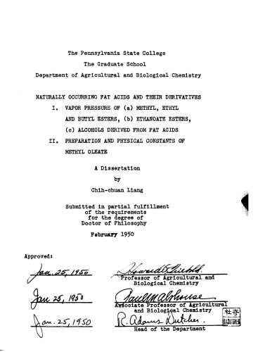 NATURALLY OCCURRING FAT ACIDS AND THEIR DERIVATIVES. I. VAPOR PRESSURE OF(A) METHYL, ETHYL, AND BUTYL ESTERS, (B) ETHANOATES ESTERS, (C) ALCOHOLS DERIVED FROM FAT ACIDS. II. PREPARATION AND PHYSICAL CONSTANTS OF METHYL OLEATE