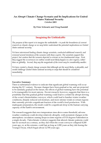 An Abrupt Climate Change Scenario and Its Implications for United States National Security