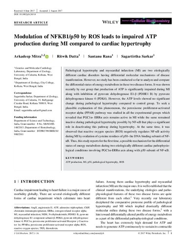 Modulation of NFKB1/p50 by ROS leads to impaired ATP production during MI compared to cardiac hypertrophy