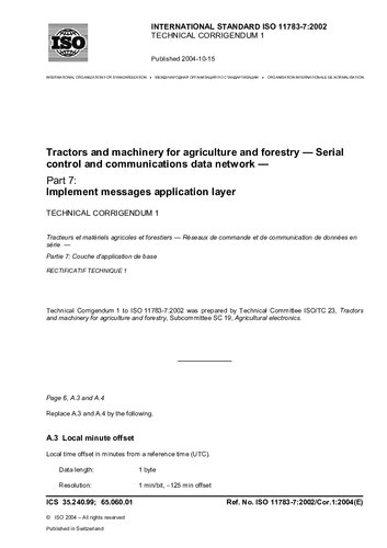 ISO 11783-7:2002, Tractors and machinery for agriculture and forestry - Serial control and communications data network - Part 7: Implement messages application layer