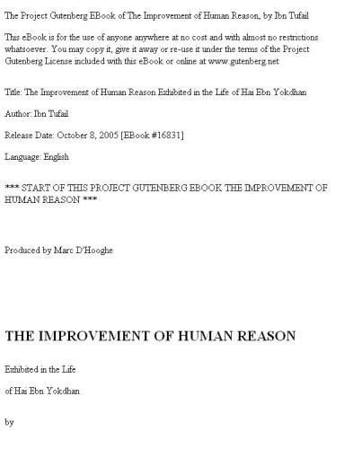 The Improvement of Human Reason: Exhibited in the Life of Hai Ebn Yokdhan