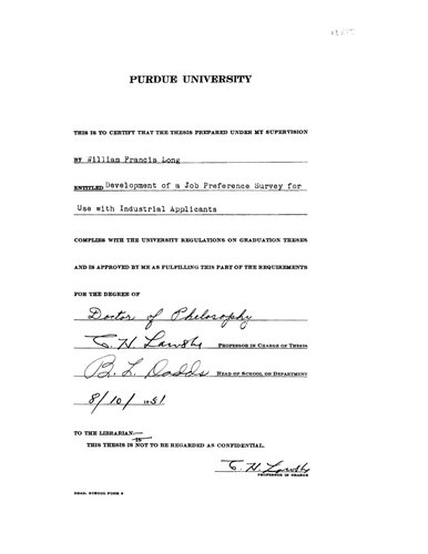 Development of a Job Preference Survey for Use with Industrial Applicants