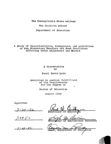 A STUDY OF CHARACTERISTICS, BACKGROUND, AND ACTIVITIES OF MEN ELEMENTARY TEACHERS AND SOME CONDITIONS AFFECTING THEIR ADJUSTMENT AND MORALE