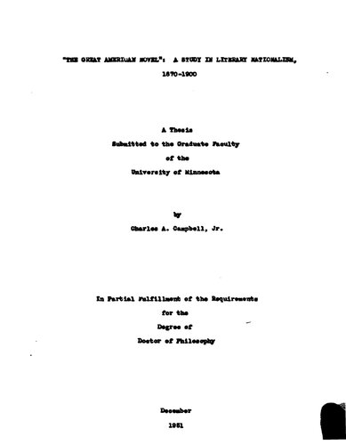 'THE GREAT AMERICAN NOVEL': A STUDY IN LITERARY NATIONALISM, 1870-1900