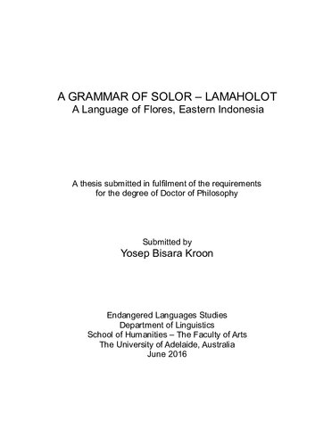 A Grammar of Solor-Lamaholot (A Language of Flores - Eastern Indonesia))