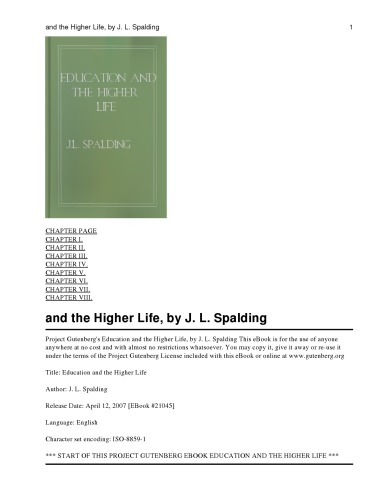 Education and the Higher Life, By J.L. Spalding