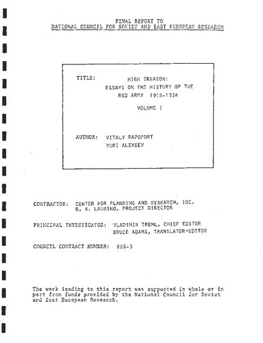 High Treason: Essays on the History you the Red Army 1918-1938 Volume 1