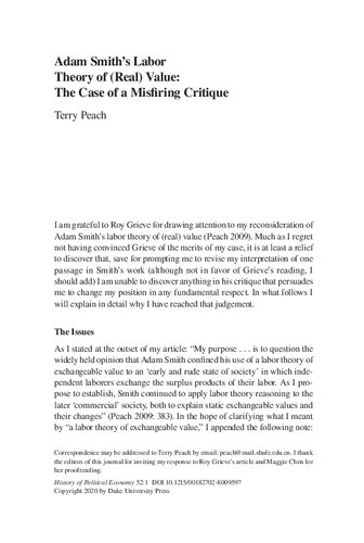 History of Political Economy 
Adam Smith’s Labor Theory of (Real) Value The Case of a Misfiring Critique