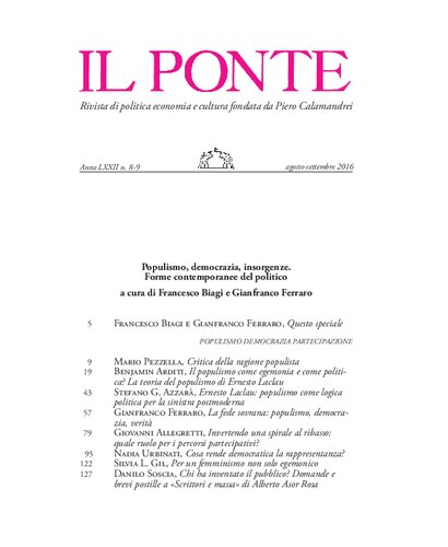 Il Ponte (anno LXXII n. 8-9). Populismo, democrazia, insorgenze. Forme contemporanee del politico