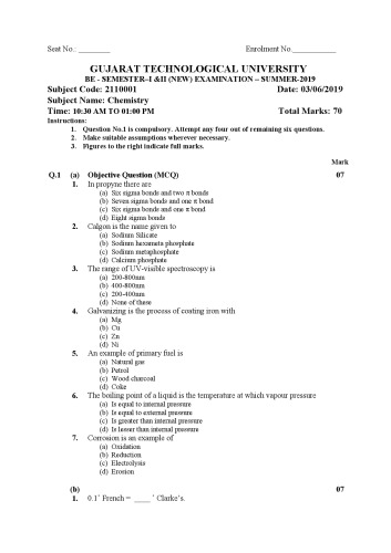 GTU Chemistry SUMMER-2019 Paper