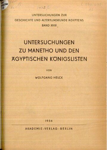 Untersuchungen zu Manetho und den ägyptischen Königslisten