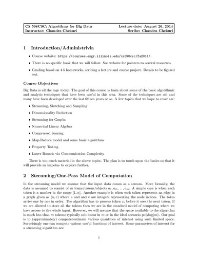 Algorithms for Big Data Lecture Notes (UIUC CS598CSC)
