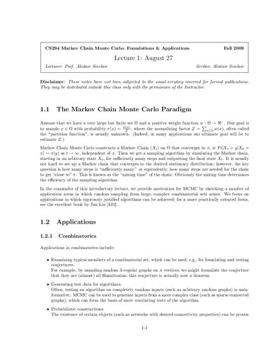 MARKOV CHAIN MONTE CARLO FOUNDATIONS & APPLICATIONS Lecture Notes (UCB CS294)