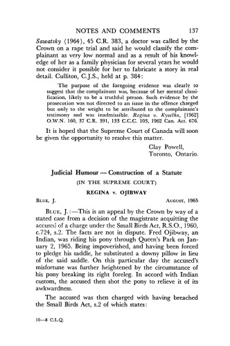 Judicial Humour — Construction of a Statute (Regina v Ojibway)