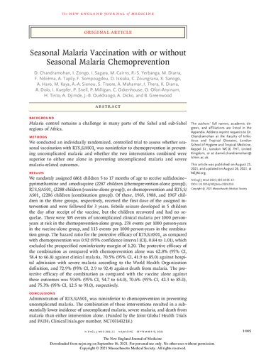 NEJM 
Seasonal Malaria Vaccination with or without Seasonal Malaria Chemoprevention