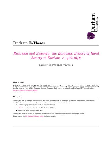 Recession and Recovery: the Economic History of Rural Society in Durham, c.1400-1640