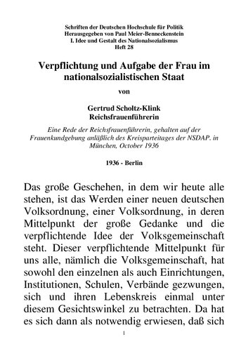 Scholtz-Klink, Gertrud - Verpflichtung und Aufgabe der Frau im nationalsozialistischen Staat (1936, 36 S., Text)