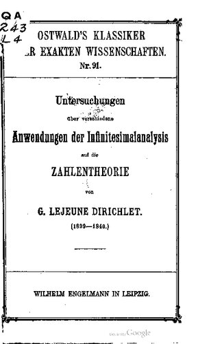 Untersuchungen über verschiedene Anwendungen der Infinitesimalanalysis auf die Zahlentheorie (1839-1840)