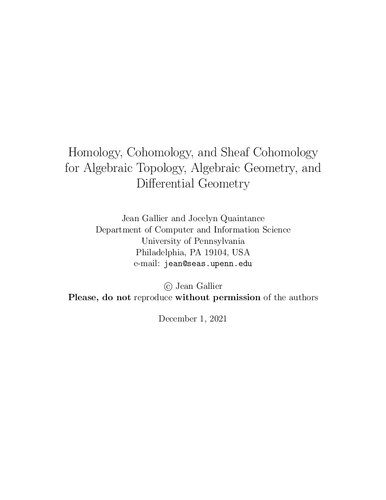 Homology, Cohomology, and Sheaf Cohomology for Algebraic Topology, Algebraic Geometry, and Diferential Geometry