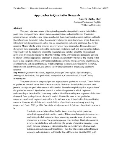 Trimester 
Approaches to Qualitative Research