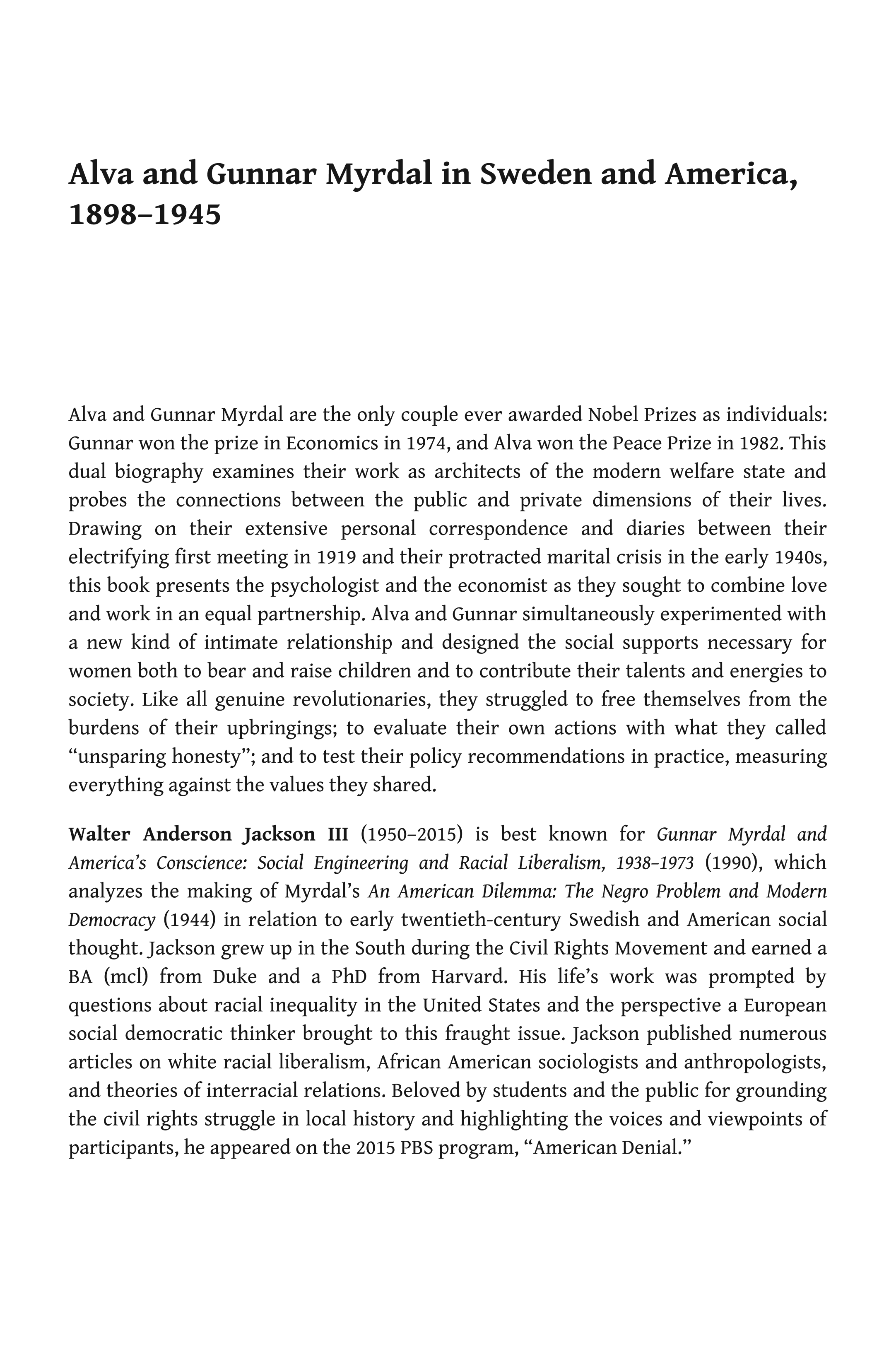 Alva and Gunnar Myrdal in Sweden and America, 1898–1945: Unsparing Honesty