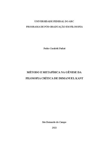 Método e metafísica na gênese da filosofia crítica de Immanuel Kant