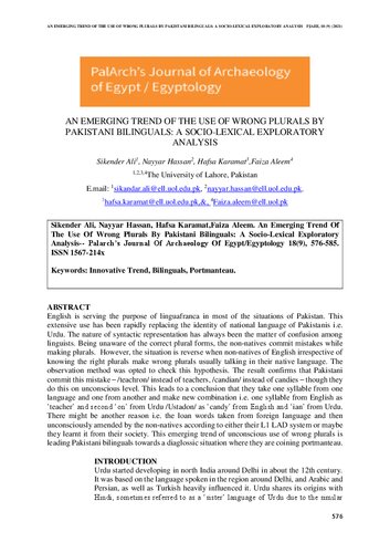 AN EMERGING TREND OF THE USE OF WRONG PLURALS BY PAKISTANI BILINGUALS: A SOCIO-LEXICAL EXPLORATORY  ANALYSIS