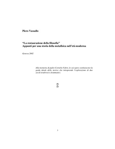 La restaurazione della filosofia. Appunti per una storia della metafisica nell’età moderna