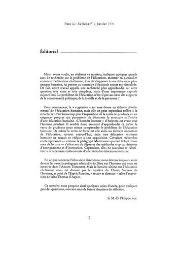 Aletheia, n° 9, Janvier 1996 
L’éducation, un art au service de la personne humaine dans sa croissance