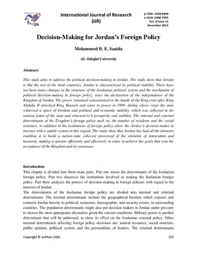 Decision-Making for Jordan’s Foreign Policy [, 1 ed.]