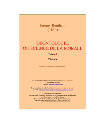 Déontologie, ou Science de la morale Tome I - Théorie