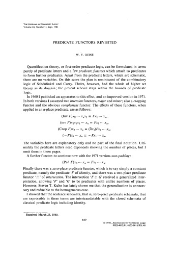 Predicate Functors Revisited - JSL 1981