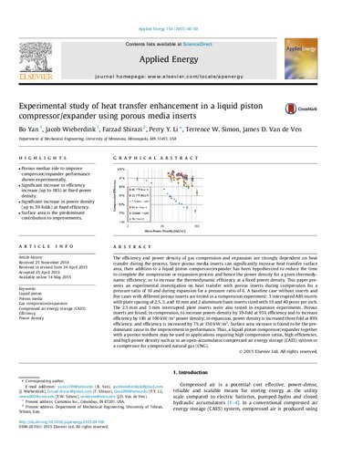 Experimental study of heat transfer enhancement in a liquid piston compressor/expander using porous media inserts