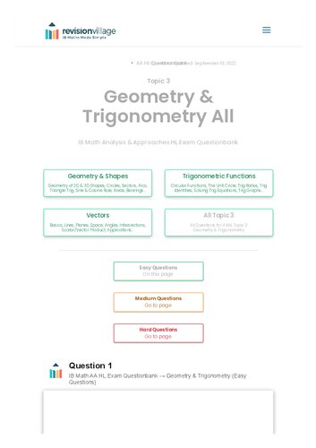 Revision village Math AA HL - Geometry & Trigonometry - Easy Difficulty Questionbank