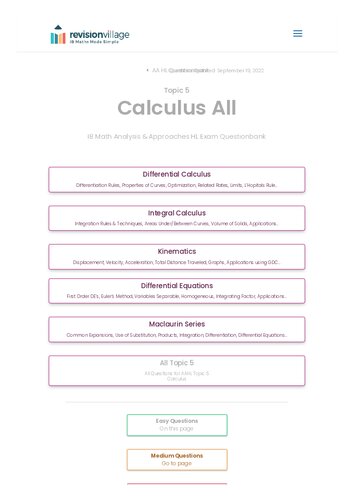 Revision village Math AA HL - Calculus - Easy Difficulty Questionbank