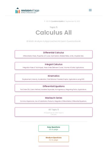 Revision village Math AA HL - Calculus - Hard Difficulty Questionbank