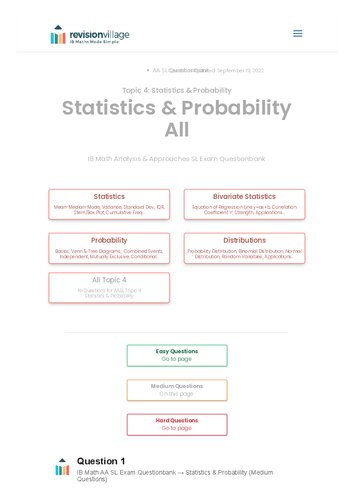 Revision village Math AA SL - Statistics & Probability - Medium Difficulty Questionbank