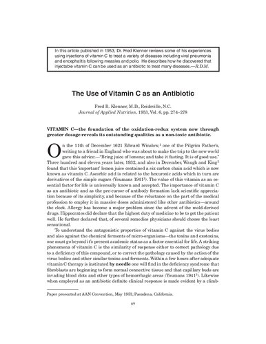 Orthomolecular Medicine : Dr Fred Klenner MD: The use of Vitamin C as an antibiotic